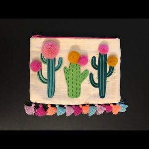 Cactus Embroidered Pom Pom and Tassel Clutch